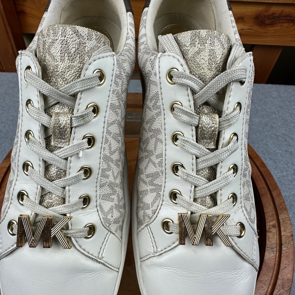 Michael Kors Poppy Platform Sneakers Cream Gold Logo Lace Up Shoes Women 8.5 - Picture 8 of 10